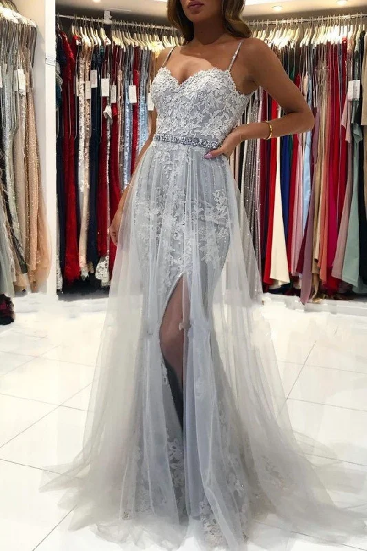 Affordable Sweetheart Tulle Lace Silver Prom Dresses