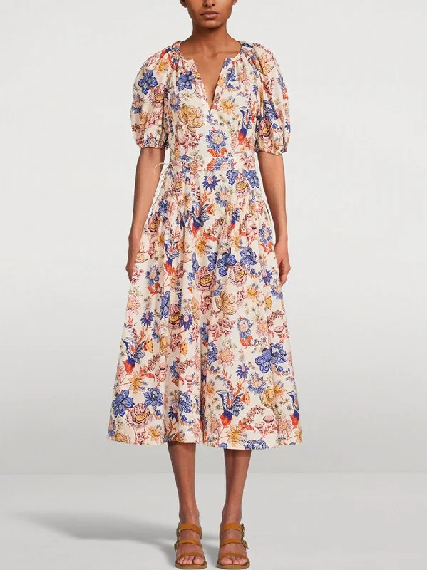 Belted Magnolia Print Puff-Sleeve Midi Dress
