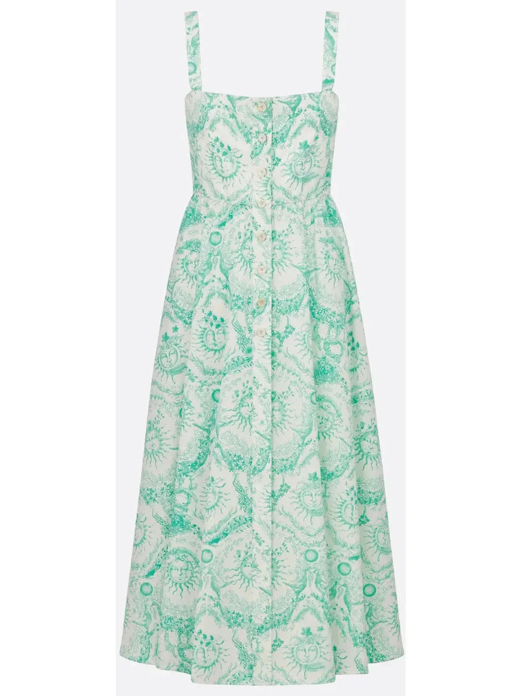 Toile de Jouy Soleil Motif Flared Mid-Length Dress in White and Aquamarine