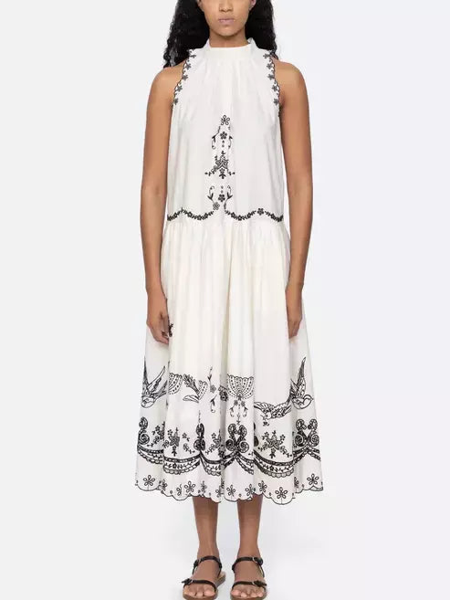 Embroidered Cotton Sleeveless Midi Dress in White