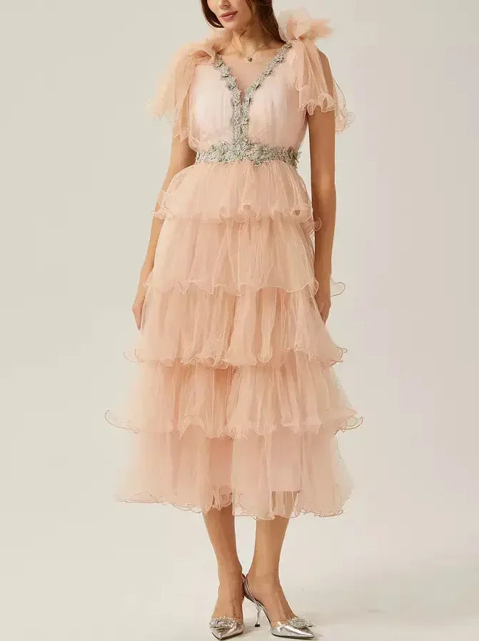 Crystal-Embellished V-Neck Tiered Tulle Midi Dress in Pink