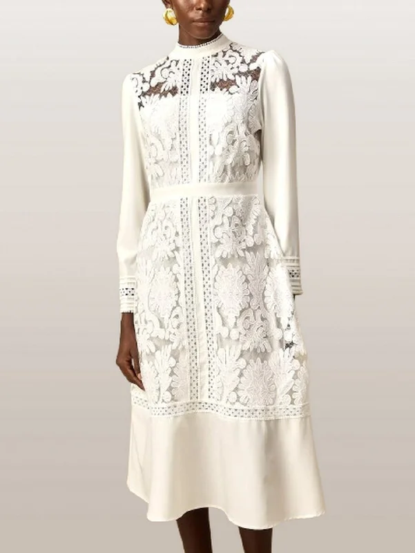 Embroidered White Paneled Midi Dress