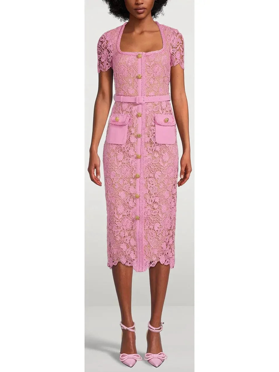 Guipure Lace Midi Dress, Pink