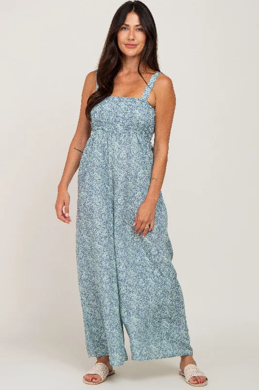 Blue Floral Smocked Square Neck Jumpsuit