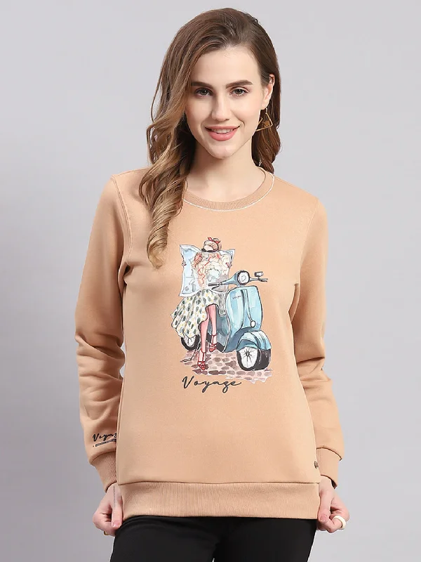 Women Peach Printed Round Neck Full Sleeve Sweatshirts